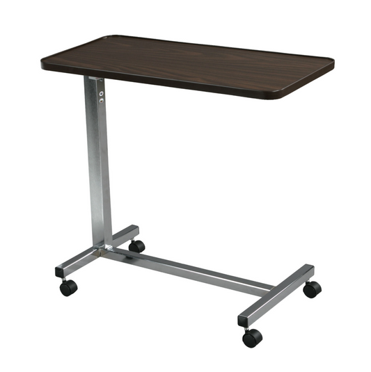 Drive Medical non-tilt top overbed table with wooden surface and metal frame, designed for convenient bedside use.