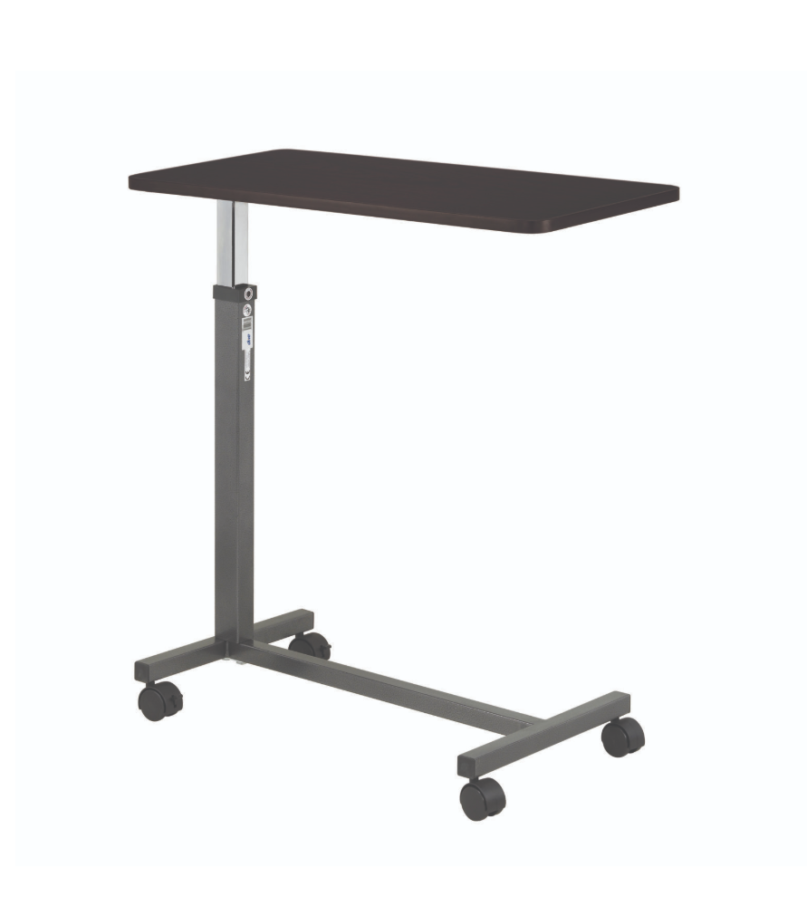 Drive Medical non-tilt overbed table with a flat surface and sturdy base, designed for convenient bedside use.