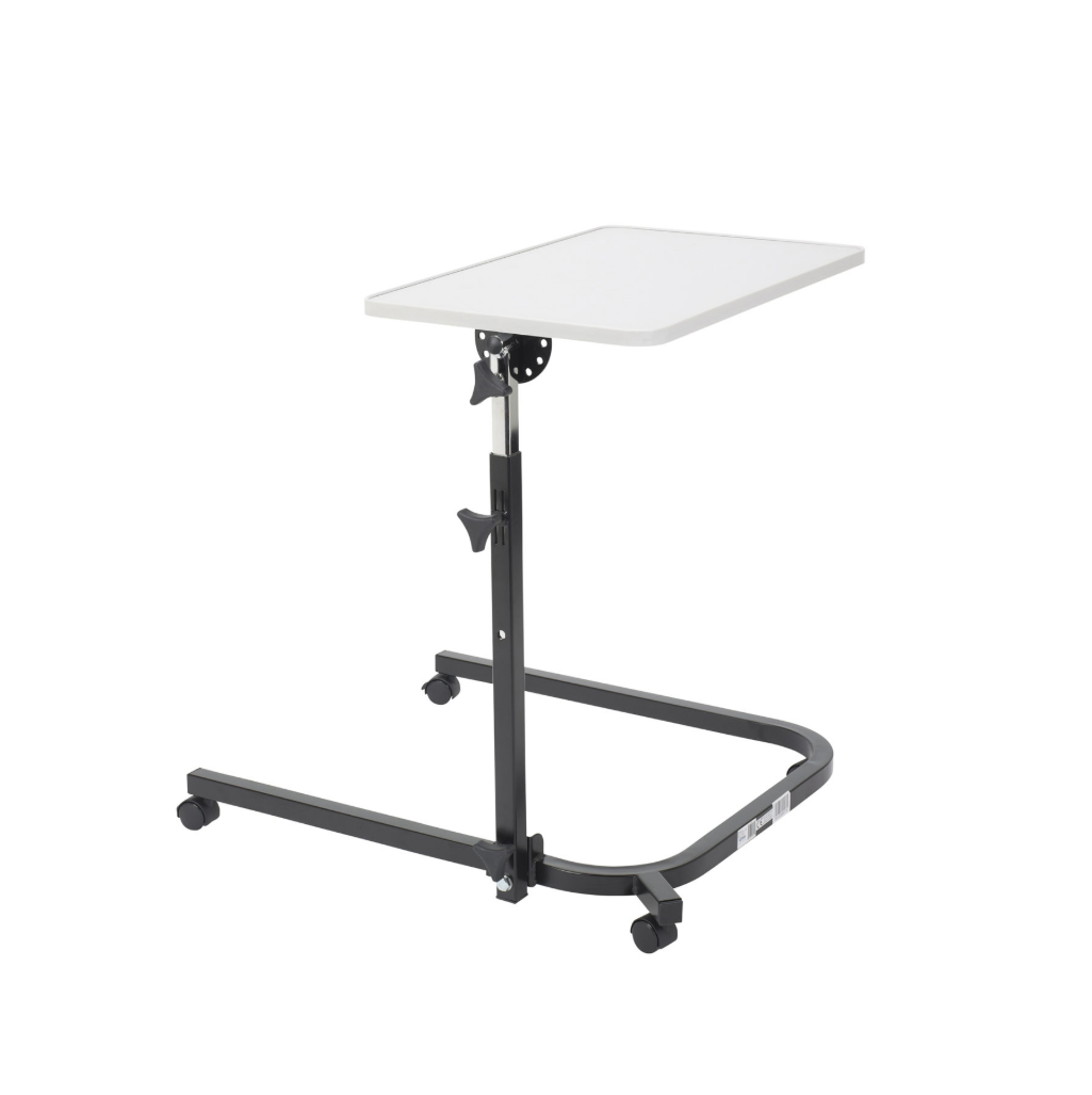 Drive Medical pivot and tilt adjustable overbed table with a wooden surface and metal frame for versatile bedside use.