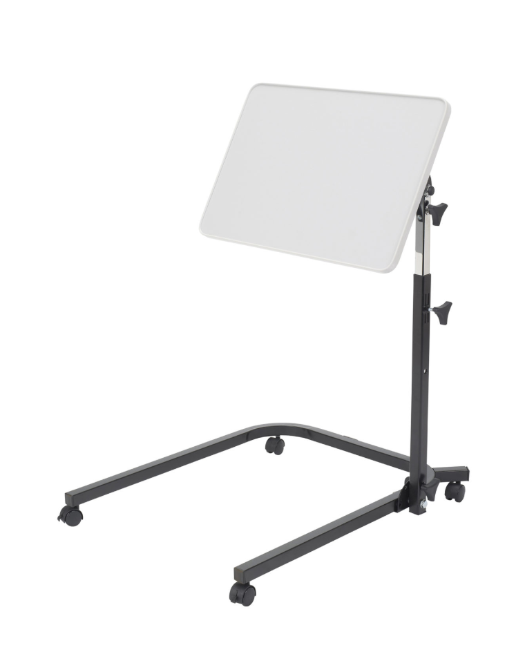 Drive Medical pivot and tilt adjustable overbed table with a wooden surface and metal frame, designed for versatile bedside use.