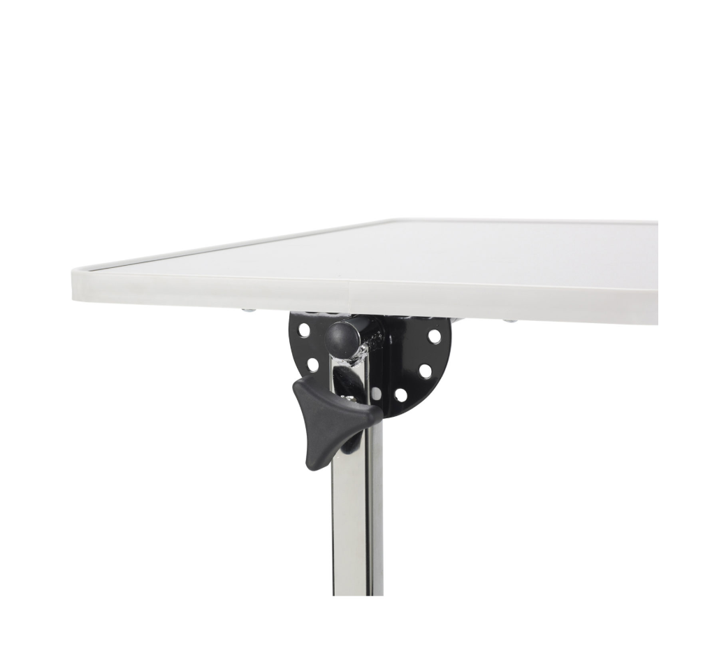 Drive Medical pivot and tilt adjustable overbed table with a wooden surface and metal frame, designed for versatile bedside use.