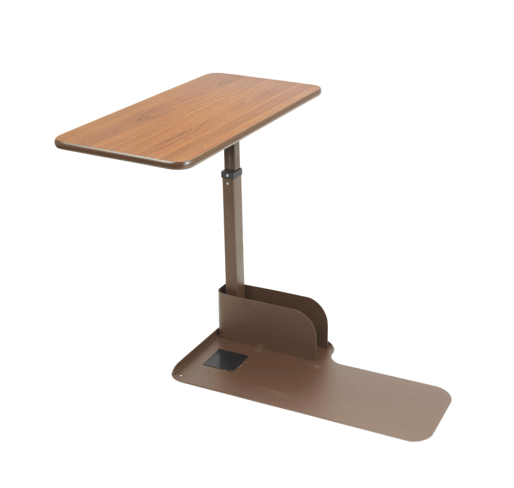 Drive Medical seat lift chair table with a wooden surface and adjustable height, designed for use with lift chairs.