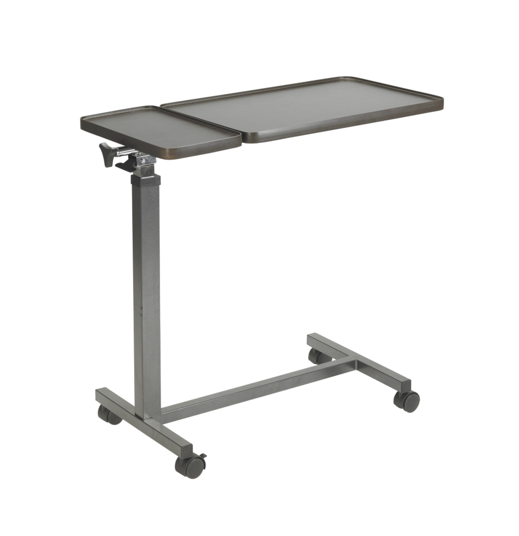 Drive Medical tilt-top split overbed table with adjustable height and sturdy surface for convenient bedside use.