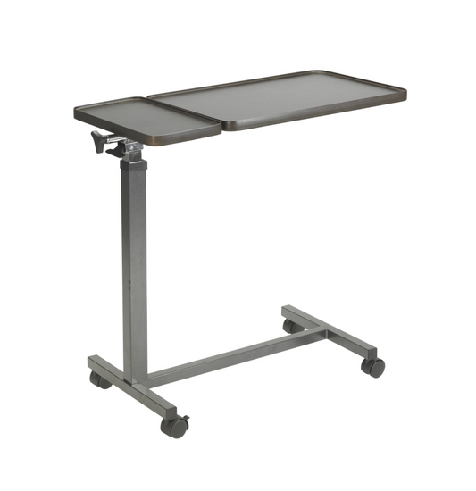 Drive Medical tilt-top split overbed table with adjustable height and sturdy surface for convenient bedside use.
