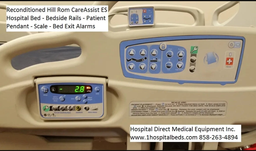Hill Rom 11170 Care Assist hospital bed with foam mattress, featuring adjustable side rails and control panel for patient comfort.