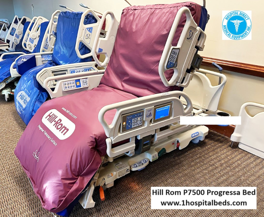 Hospital bed with air mattress, Hill Rom P7500 Progressa Bed, featuring adjustable side rails and ergonomic design for patient comfort.