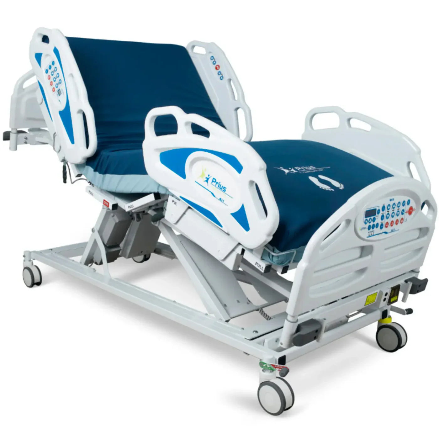 Prius Ai1 bariatric hospital bed with extra-wide, high-low adjustable features and long design for patient comfort.