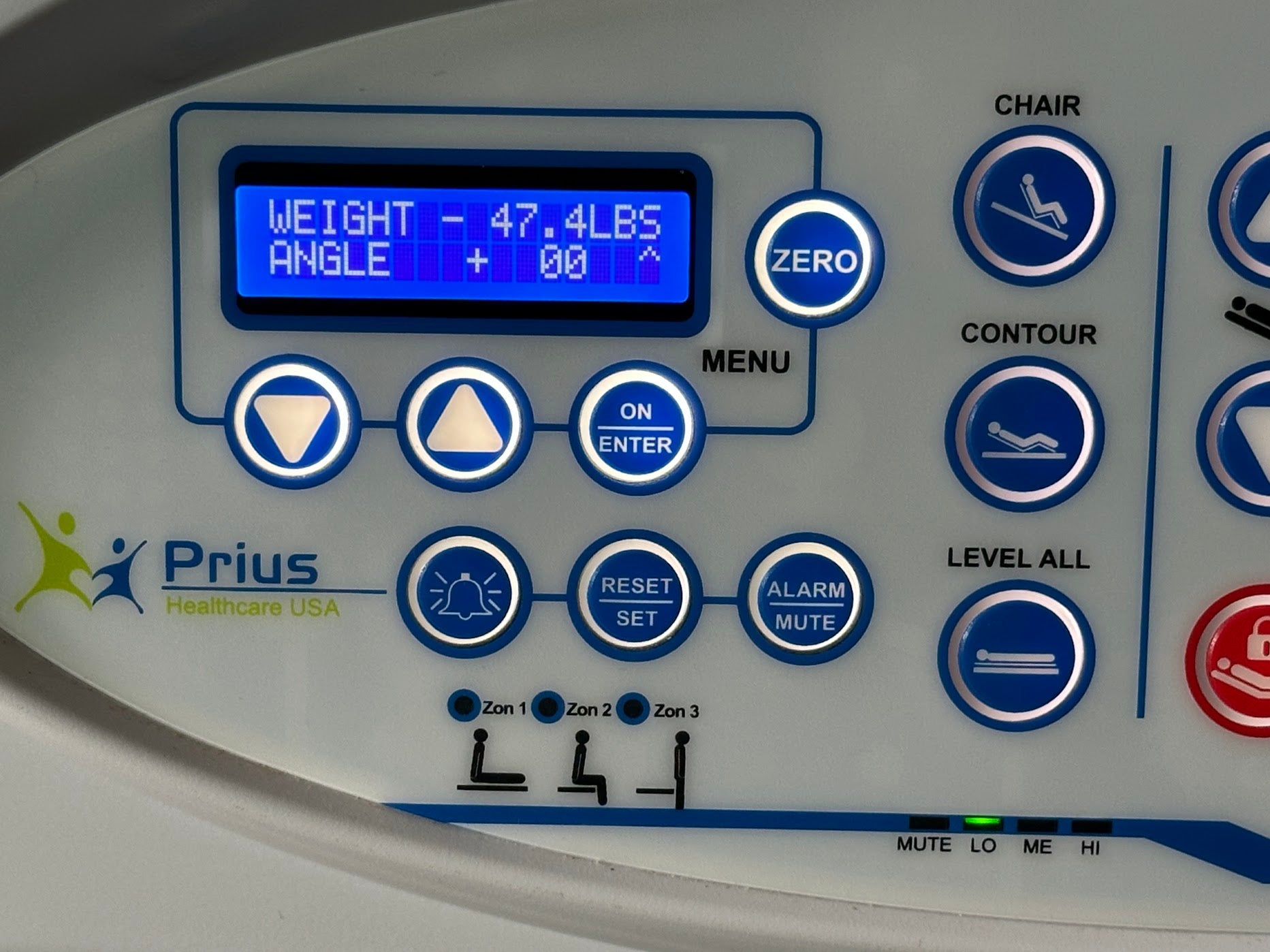 Prius Ai1 bariatric hospital bed with extra width, adjustable high and low positions, designed for patient comfort and care.